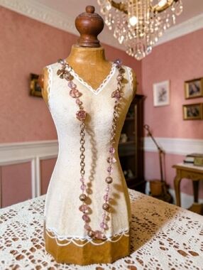 Sparkling Pink Beaded Ornate Vintage Necklace with Charms in Glass Trinket Box